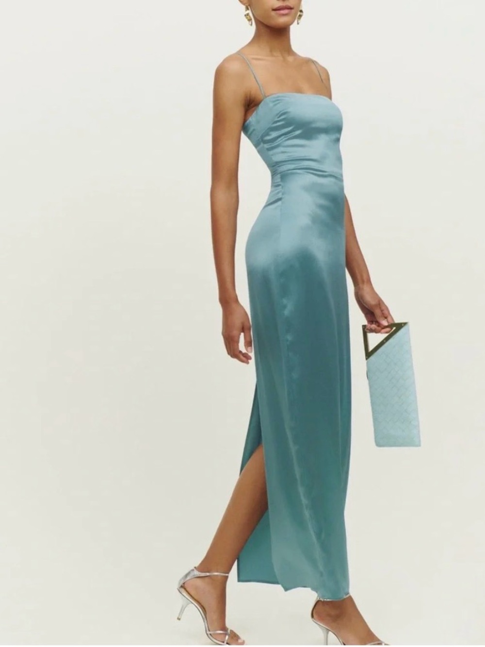 Reformation Frankie Teal Satin Strapless Slip Dress